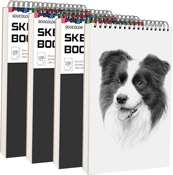 Soucolor Artist 9x12 Sketch Book Set, 4 Pack 400-Sheet Spiral Drawing Pads | by Soucolor