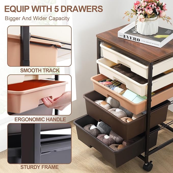 SYKIARIOL Utility Cart with 5 Drawers, Storage Drawer Cart with Wooden Tabletop - Image 4