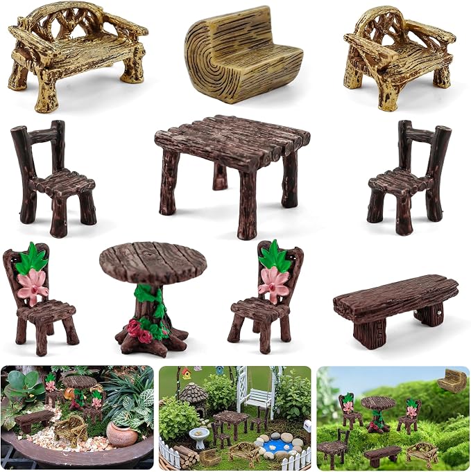 Morofme 10 Pcs Mini Garden Furniture Ornaments Miniature Table and Chairs Resin by Morofme