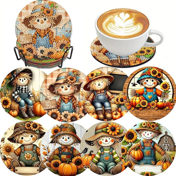 LWZAYS 8 Pcs 5D Autumn Scarecrow Diamond Art Coasters Kits by LWZAYS