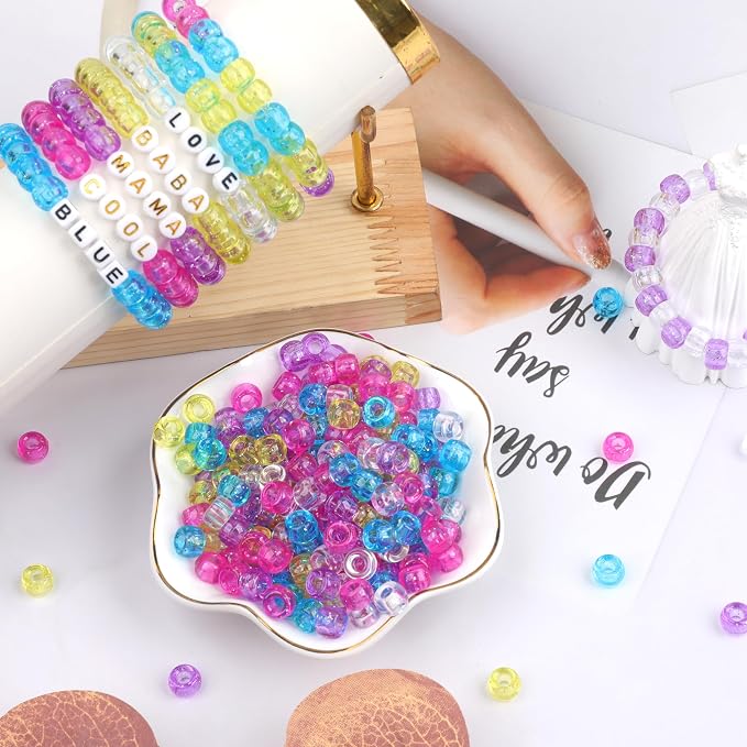 1000Pcs Pony Beads Bracelet 9mm Blue Glitter Plastic Barrel Pony Beads - Image 6