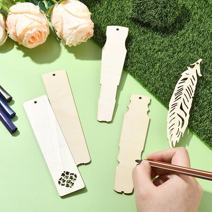 50 pcs 5 Styles Blank Theme Unfinished Wood Cutout Bookmarks Feather Flower - Image 4