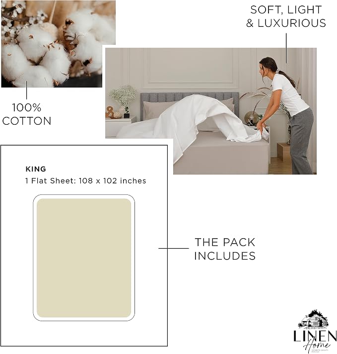 Linen Home 100% Cotton Percale 1 Flat Sheet, King Size - Image 6
