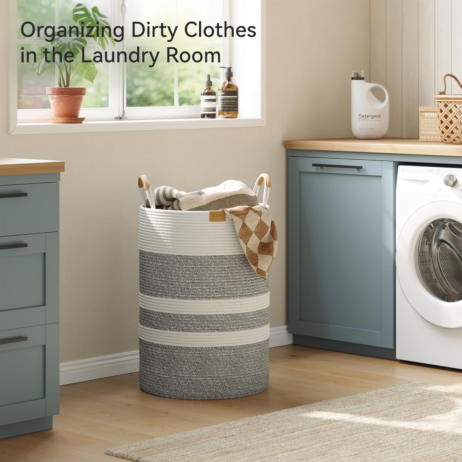 95L Striped Laundry Hamper with Leather Handles ,Large Foldable Laundry Basket for Clothes,Cotton Rope Storage Bin for Blankets,Woven Clothes Basket for Bedroom,Gray Stripes