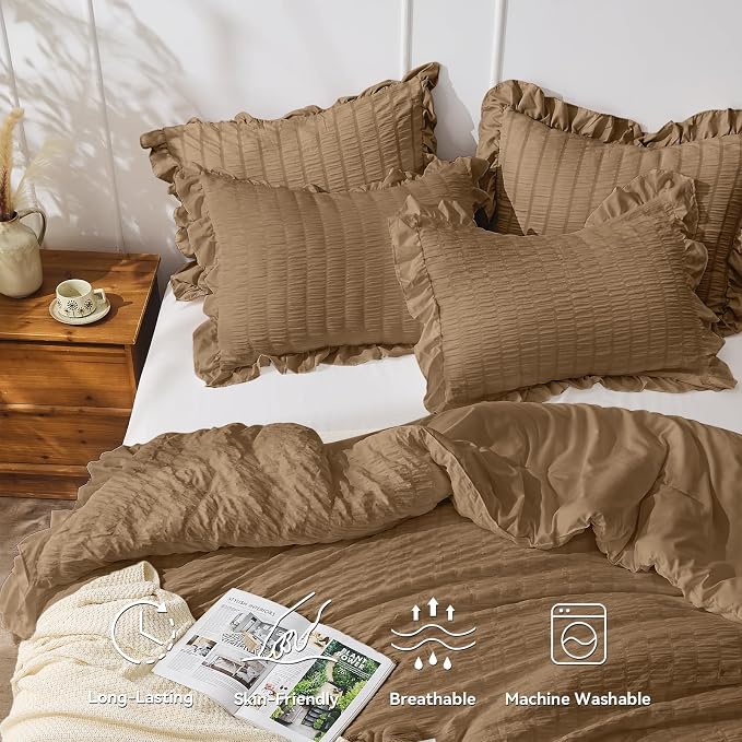 JOLLYVOGUE Queen Comforter Set, 3 Pieces Oak Brown Seersucker Comforters Queen - Image 2