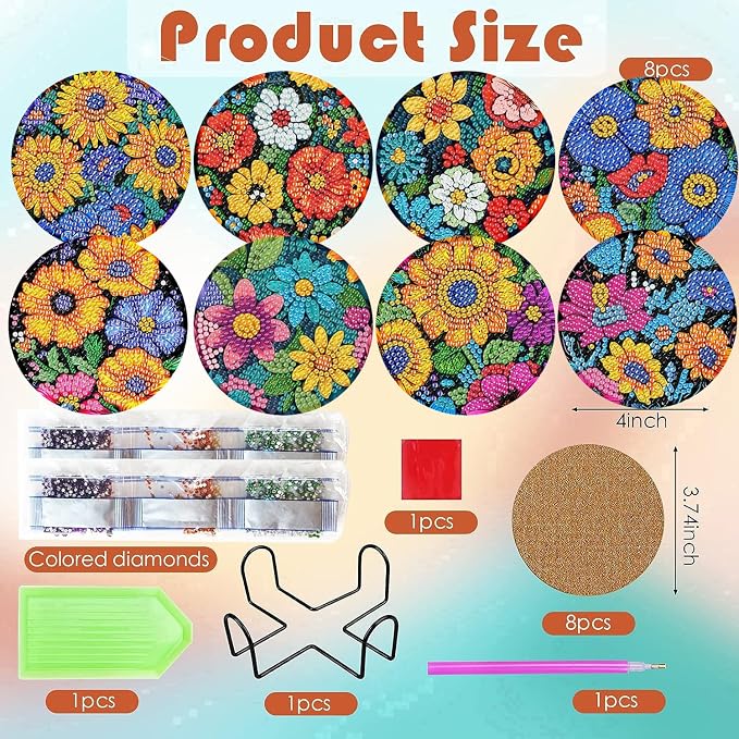 ijbnhd 8 Pcs Flowers Diamond Art Coasters - Image 3
