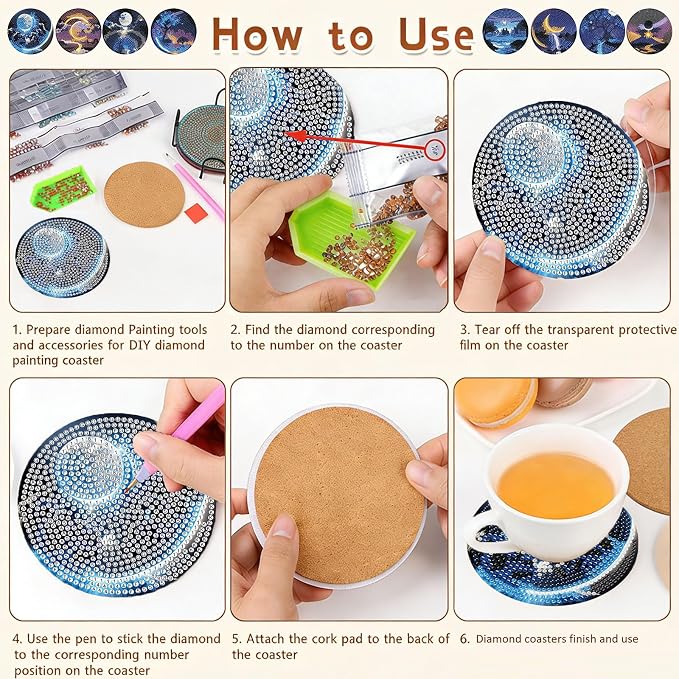 Gemozaic 8PCS Diamond Art Coasters Kit, Moon Night Landscape Diamond Painting - Image 7