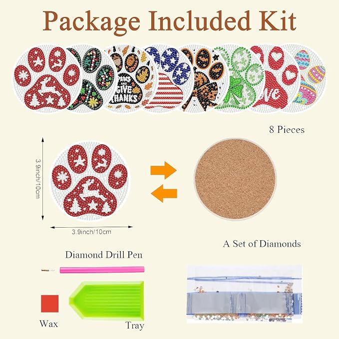 8 PCS Diamond Art Coasters Kit, Cute Paw-Shaped Diamond Painting Coasters - Image 3