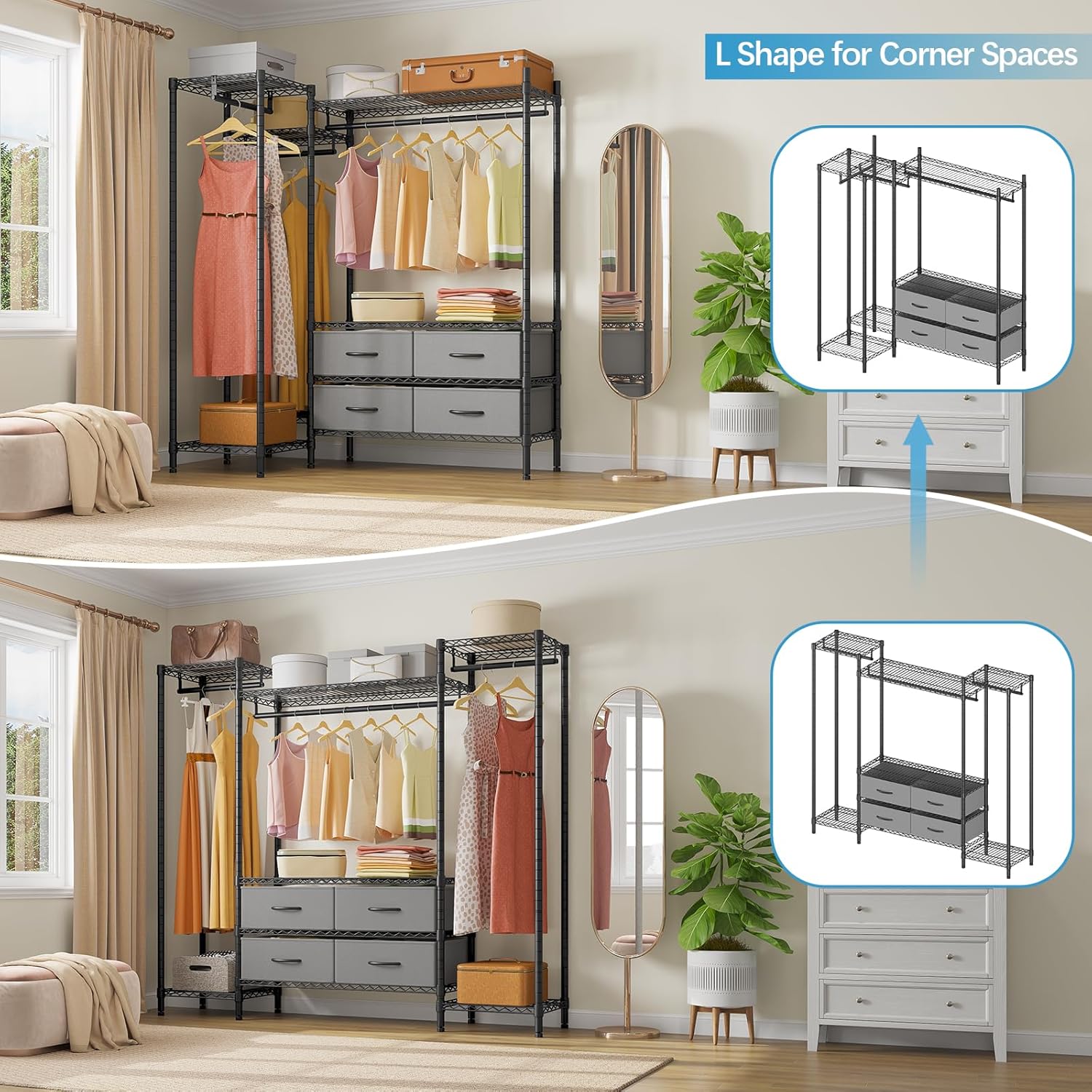 VIPEK V20 Wire Garment Rack Heavy Duty Clothes Rack, Metal Clothing Rack with 6 Shelves, 3 Hang Rods & 4 Fabric Drawers, Compact Wardrobe Closet, 56.7" L x 14.6" W x 70.9" H, Black