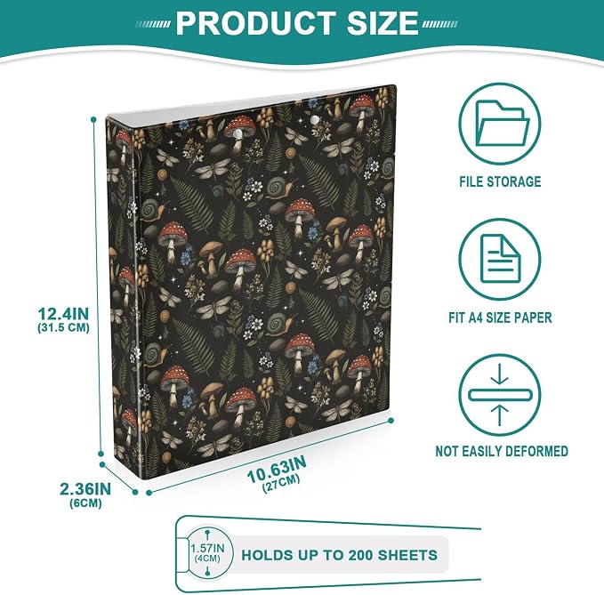 Mushroom Round Ring Binders 1.5 Inch Leaves Flower Berry Daisy 3 Ring Clipboard - Image 4
