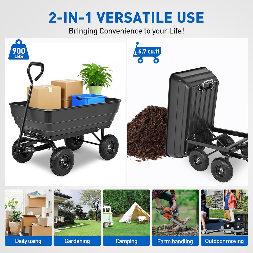 Yesker Garden Carts - 900lbs Dump Wagon with All Terrain Inflatable Wheels for Yard Lawn Farms Gardening - Heavy Duty Utility Outdoor Hauling Wheelbarrow