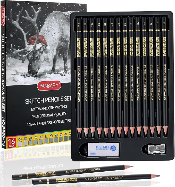 PANDAFLY Drawing Sketch Pencil Set, 16 Piece, 4H to 14B Graphite Pencils | by PANDAFLYArtSupplies