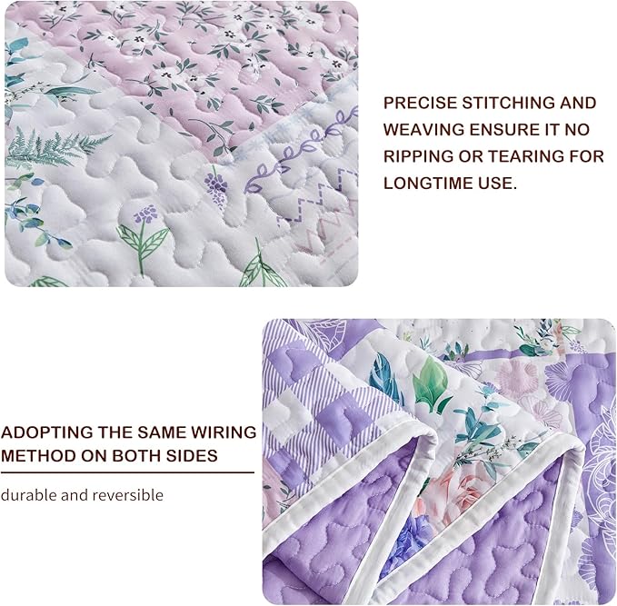 Joyreap 3 Pieces Floral Quilt Set Queen, Patchwork Purple n Pink Flowers Design - Image 4