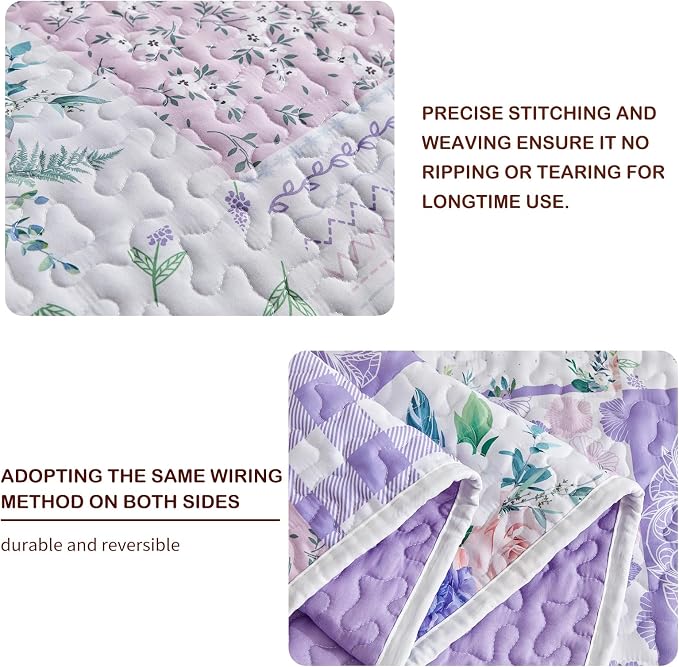 Joyreap 2 Pieces Floral Quilt Set Twin, Patchwork Purple n Pink Flowers Design - Image 4