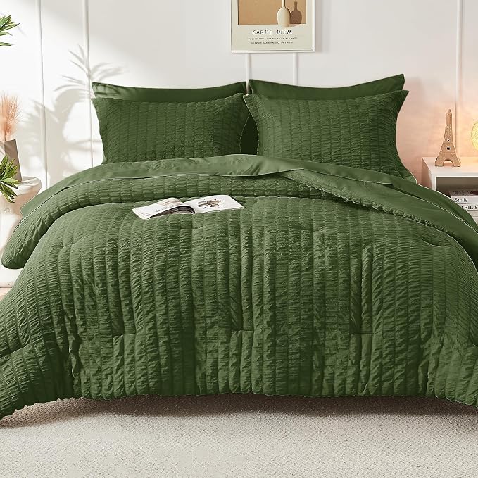 HYMOKEGE Olive Green Full Size Comforter Sets Seersucker 7 Pieces, All Season - Image 9