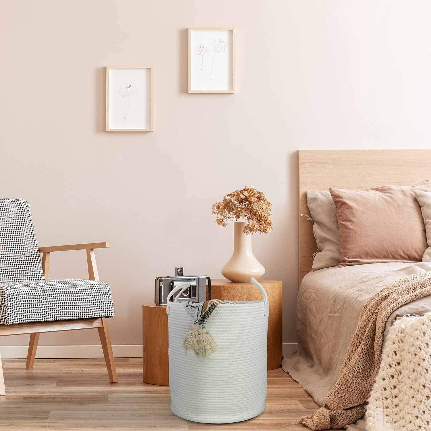 Cotton Rope Laundry Basket Hamper for Clothes Decorative Woven Storage Basket for Living Room Bedroom Boho Tall Rope Baskets for Blanket Toys Baby Nursery Hamper Bin Large white