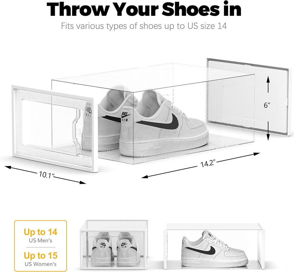 SEE SRPING XX-Large Shoe Storage Box Fit Size 14, Clear Plastic Stackable Shoe Organizer for Closet, Shoe Rack Sneaker Containers Bins Holders, Drawer Organize Unit, 12 Pack Clear