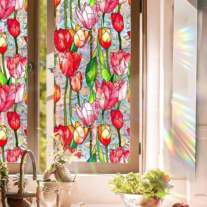 Stained Glass Window Film UV Resistant Window Privacy Film Red Floral Privacy by Aomkmi