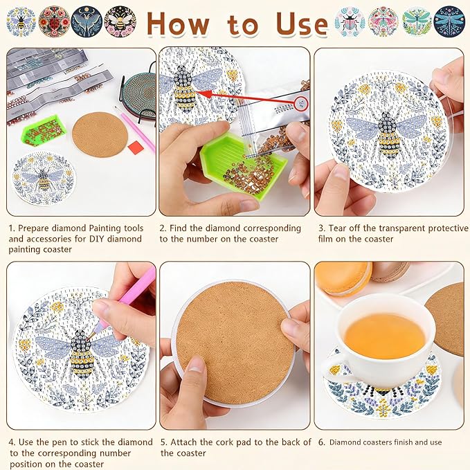 Gemozaic 8PCS Diamond Art Coasters Kit, Insects Diamond Painting Coasters - Image 7