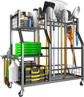 EVERHANGER Garden Tool Organizer Stand, Garage Tool Storage Organization, Yard Tool Racks with lockable wheels, Fit for Long-Handled Tools/Rakes/Brooms