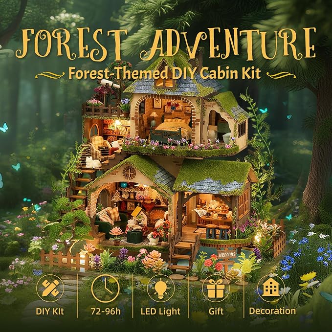 DIY Miniature House Kit with LED Lights, Forest Adventure Wooden Mini House - Image 2