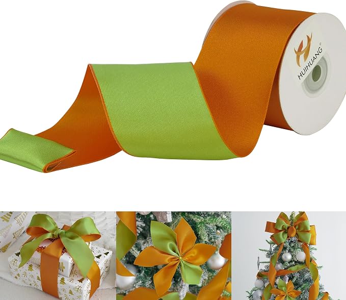 HUIHUANG 2.5 inch Moss Green and Orange Wired Satin Ribbon Double Face Wire by HUIHUANG
