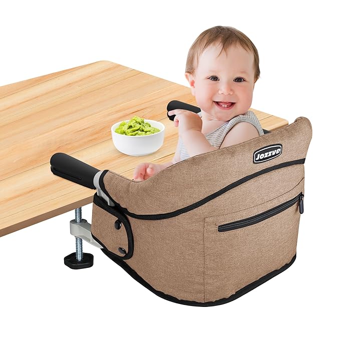 Hook On High Chair, Jozzve Baby High Chair, Portable High Chair for Travel, Foldable Fast Table Chair with Storage Bag, Baby Feeding Seat Clip On High Chair for Home and Travel (Brown)