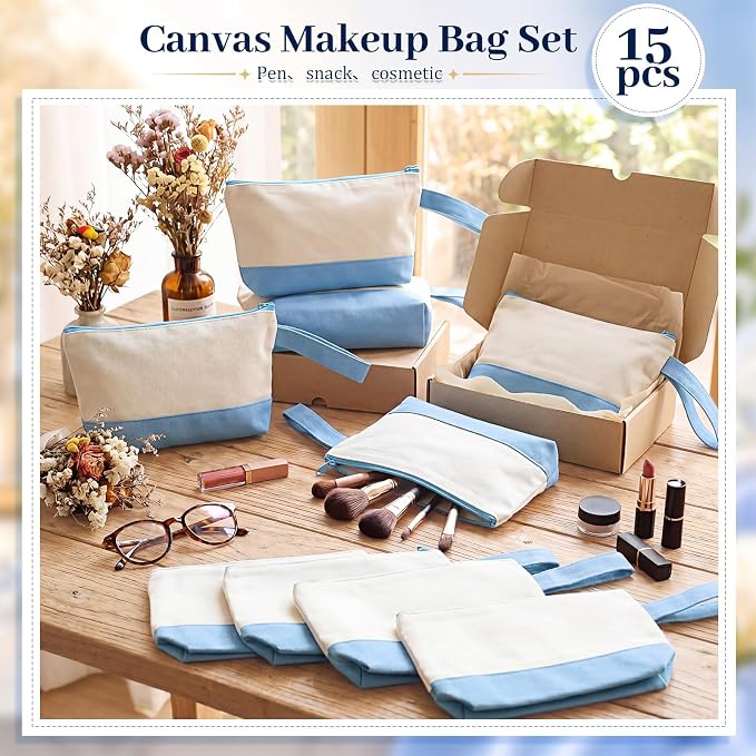 Silkfly 15 Pcs Cotton Canvas Makeup Bags Cosmetic Zipper Bags 10.2 x 5.5 x 2'' - Image 5