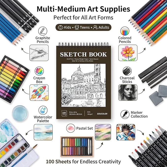 Soucolor Artist 9x12 Sketch Book Set, 4 Pack 400-Sheet Spiral Drawing Pads | - Image 6