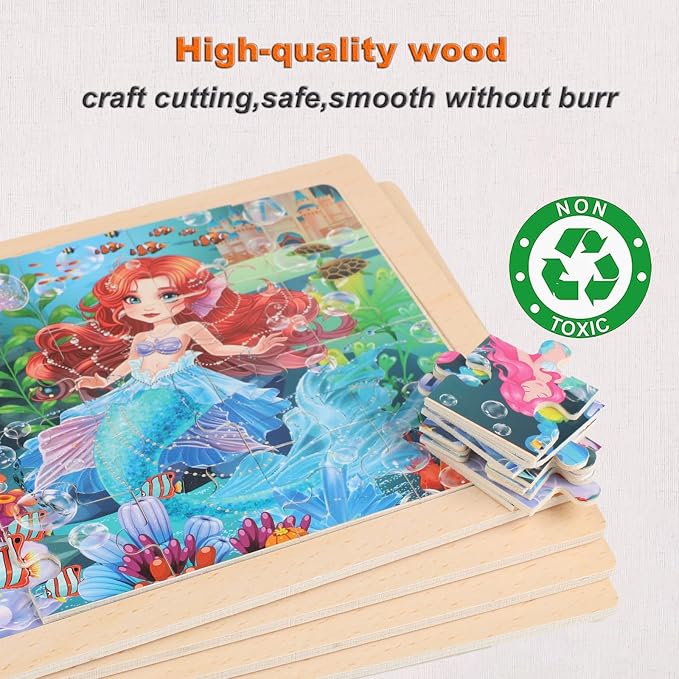 Wooden Puzzles for Kids Ages 4-6, 4 Packs 24 PCs Unicorn Mermaid Princess Fairy - Image 8