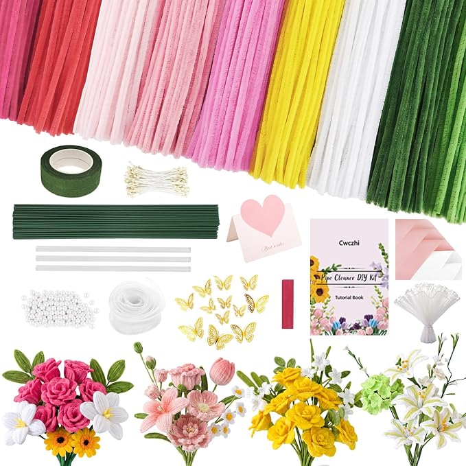 Cwczhi 600 PCS Pipe Cleaners Craft, 9 Assorted Colors Pink Pipe Cleaner Flower by Unknown