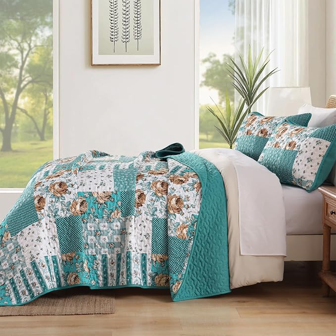Anibedding Teal Quilt Set Queen Size Patchwork Floral Bedspread Coverlet - Image 3