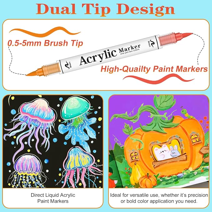 120 colors Acrylic Paint Markers, 60 Pack Automatic Ink ControlSoft Brush - Image 8
