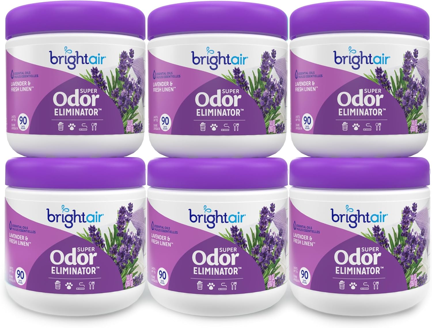 Bright Air 14 oz. Super Odor Eliminator, For Medium-Size Spaces, Lavender & Fresh Linen Scent, Case of 6, Odor Eliminator & Air Freshener, Natural Essential Oils, Lasts Up to 90 Days Each