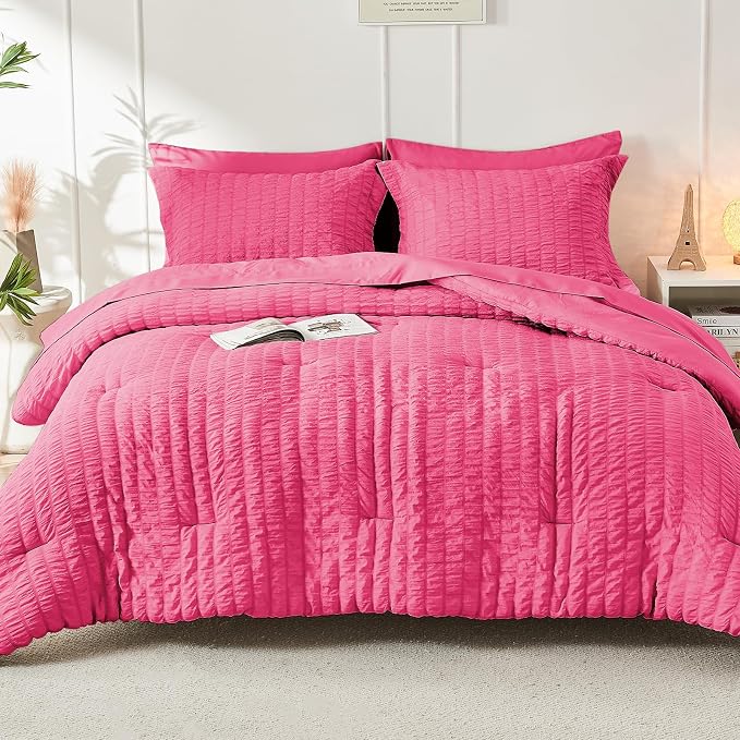 HYMOKEGE Hot Pink Twin XL Comforter Set Seersucker 5 Pieces, All Season Luxury - Image 9