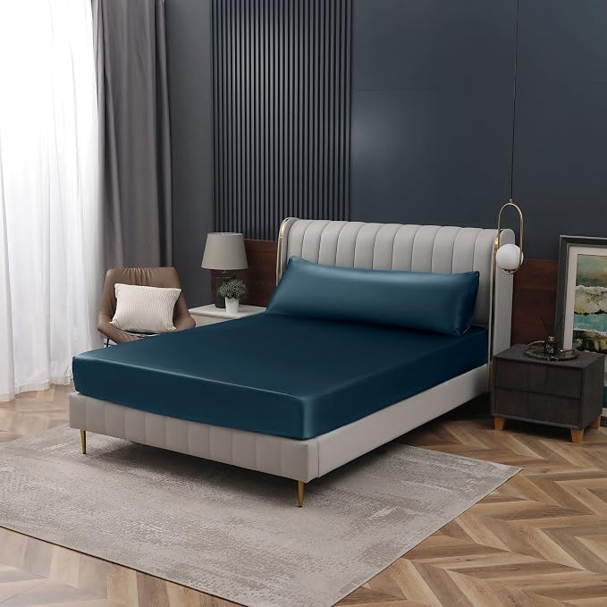 Homiest Deep Sea Blue Satin Fitted Sheet Queen Size, Deep Pocket, Luxury & - Image 7