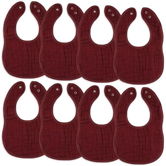 Comfy Cubs Muslin Bibs for Babies, Pack of 8 - Soft and Highly Absorbent, Feeding, Drool and Teething Bib, Adjustable Snaps - Stylish & Colorful Unisex Designs, Giftable Set - Wine