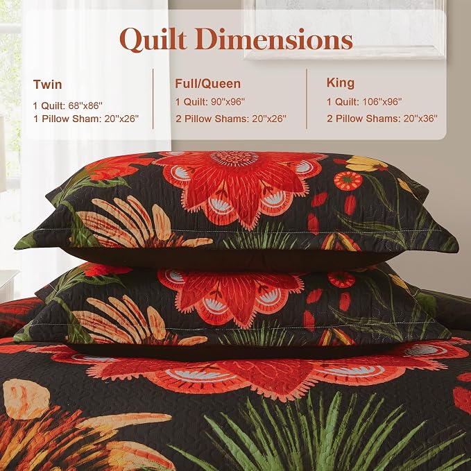 Tyrot 3 Piece Black Red Boho Floral Quilt Sets Full/Queen Farmhouse Reversible - Image 6
