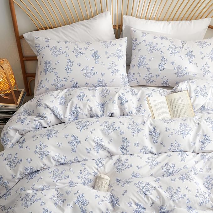 Nayoroom Blue Floral Duvet Cover Queen Size Cottagecore Flower Leaf Spring - Image 3