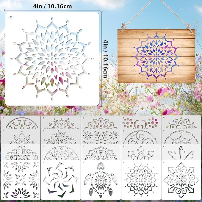20 Pcs 4x4'' Mandala Stencils for Painting on Wood, Tile Fabric, Reusable - Image 2