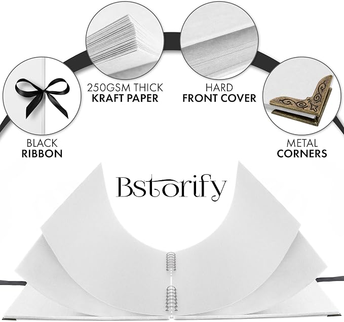 Bstorify Square Scrapbook Photo Albums 80 Pages White Thick Paper, Metal Corners - Image 3
