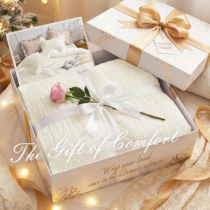 JOLLYVOGUE Ivory Queen Comforter Set, 3 Pieces Seersucker Comforters Queen Size - Image 9