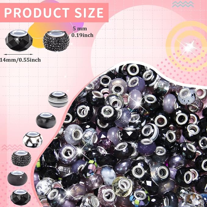 200Pcs Large Hole Beads Spacer Beads Black Assorted European Craft Big Beads - Image 2