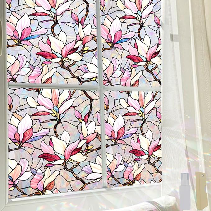 Magnolia Flowers Window Privacy Film, Stained Glass Window Film Decorative by WBQMUNY