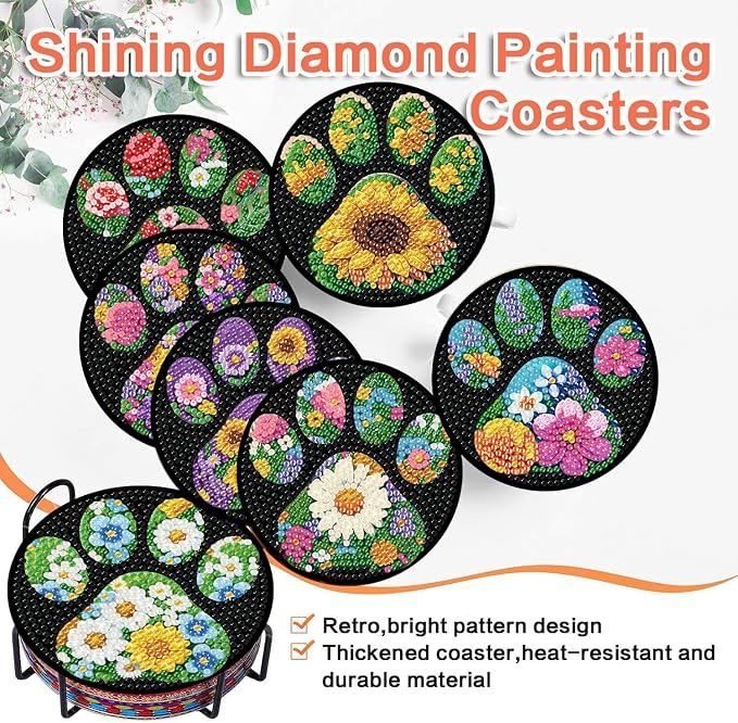 ijbnhd 8 Pack Diamond Art Coasters Kits Dog Paw | Diamond Painting Coasters Kit - Image 8