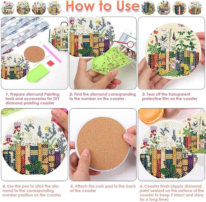 ijbnhd 8 Pcs Diamond Art Coasters Kits Books Diamond Painting Coasters | Books - Image 7