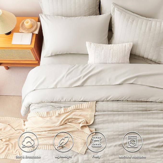 CozyLux Queen Comforter Set Beige Seersucker 7 Pieces Bed in a Bag Queen - Image 2