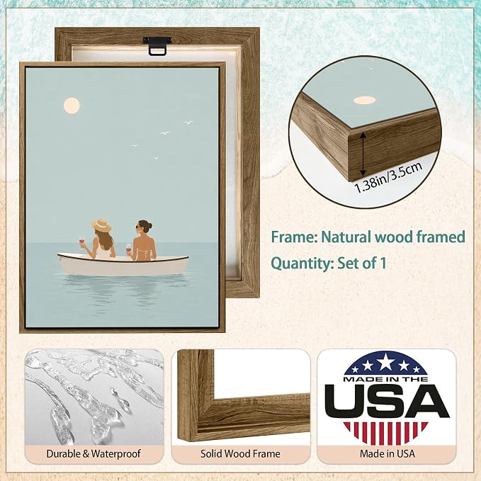 Framed Coastal Women Boat Canvas Wall Art Minimalist Calm Ocean - Image 4