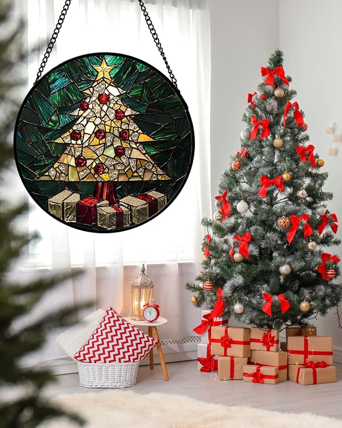 Stained Glass Window Hanging -Golden Christmas Tree Suncatcher - Image 2