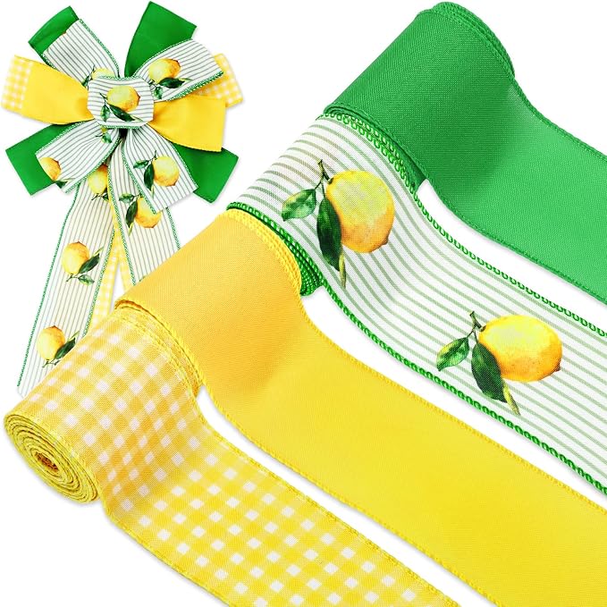 JarThenaAMCS Lemon Wired Edge Ribbon Yellow Green Stripe Plaid Craft Ribbons by JarThenaAMCS
